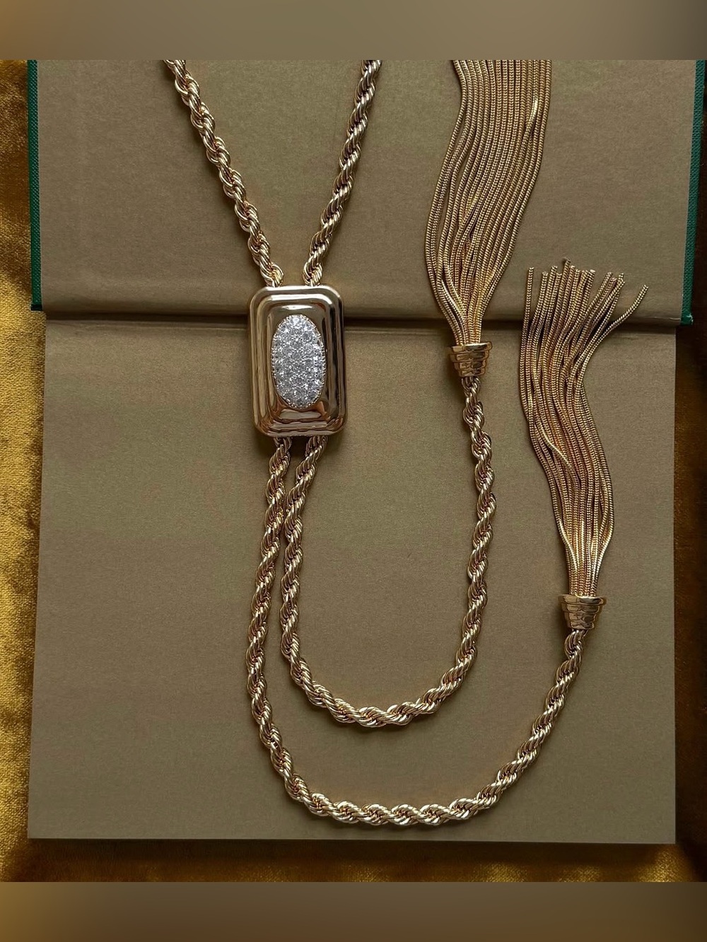 Tame New York Gold-Tone Rope Lariat Necklace with Pave Oval Accent